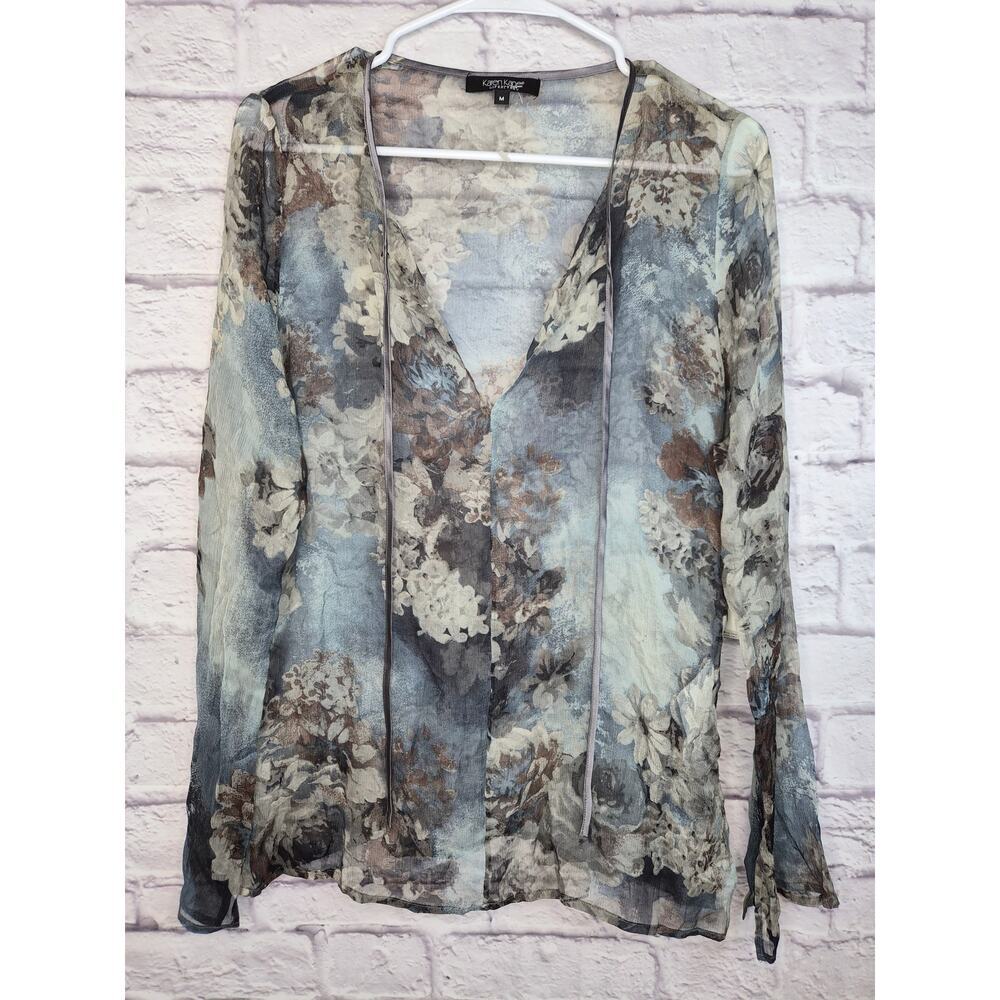 NWT Karen Kane 100% Silk Misty Tunic Blouse M Sheer Floral Grey Blue V-Neck Boho